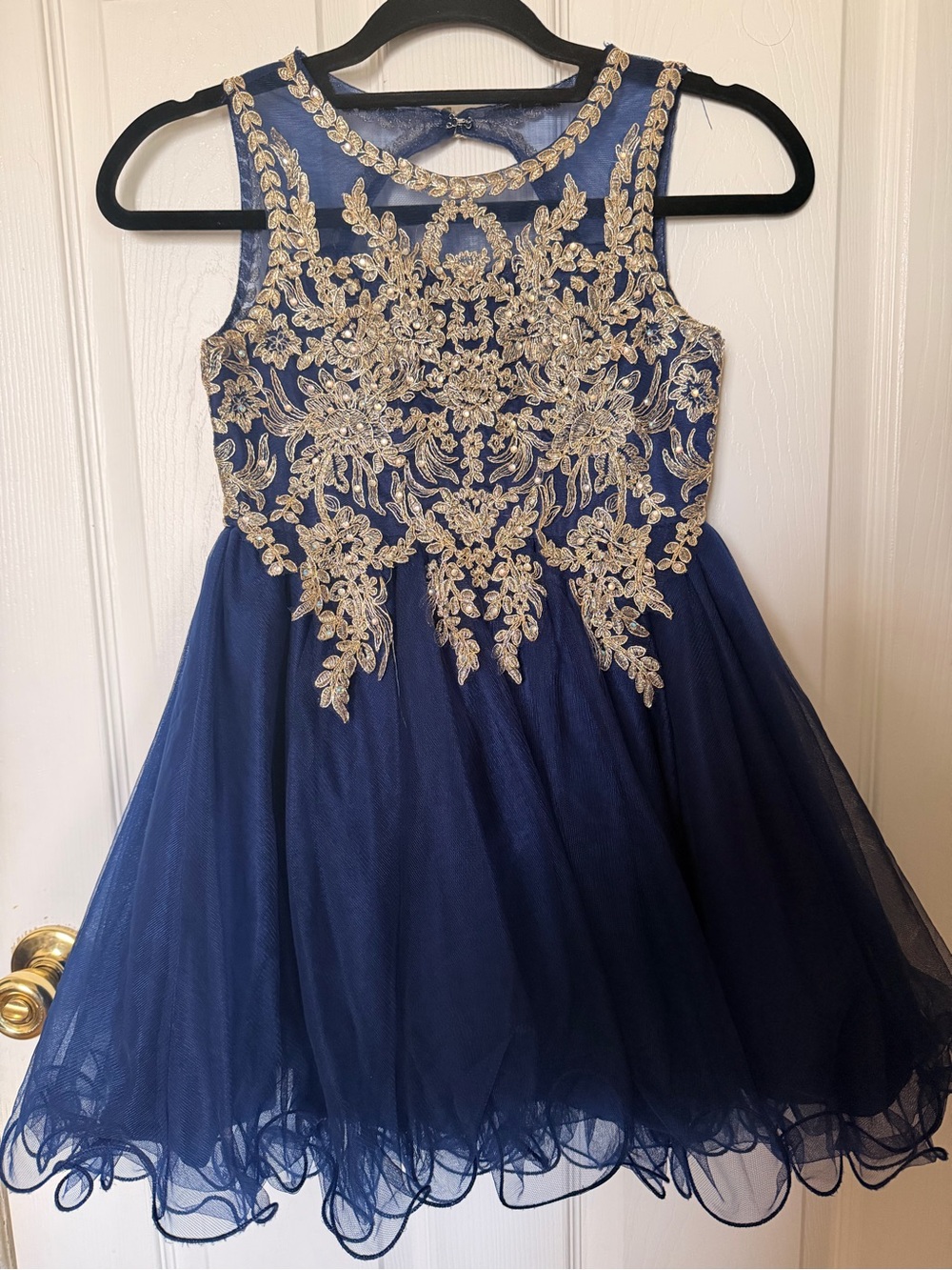 Rare Editions Navy and Gold Embroidered Tulle Party Dress